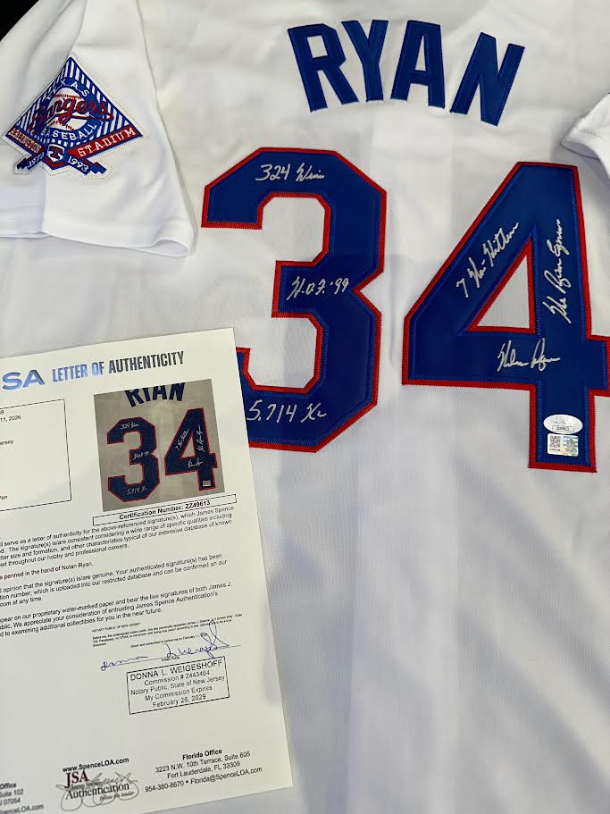 Nolan Ryan Autographed Hand Signed Custom Texas Rangers Jersey W/ Insc. - JSA LOA