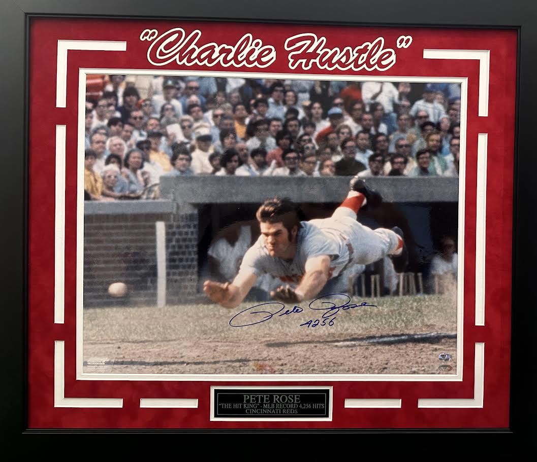 Pete Rose Autographed Hand Signed Custom Framed 16x20 Cincinnati Reds Photo - Mounted COA