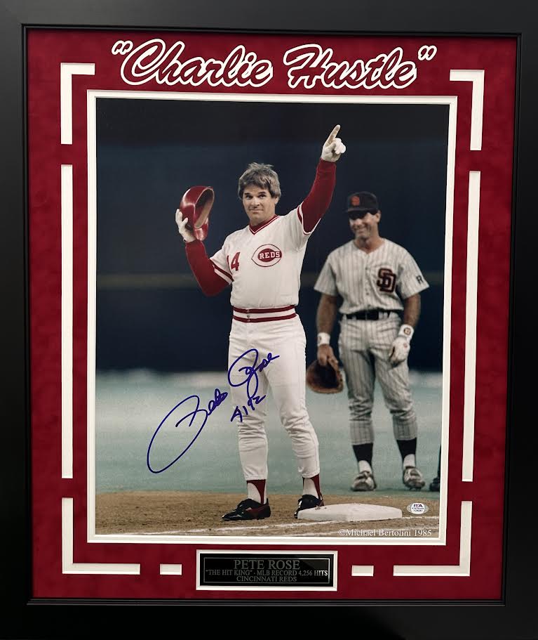 Pete Rose Autographed Hand Signed Custom Framed 16x20 Cincinnati Reds Photo - PSA COA