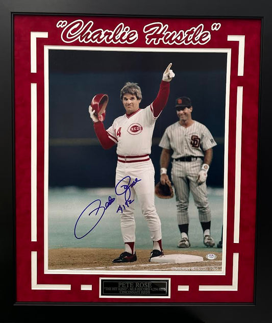 Pete Rose Autographed Hand Signed Custom Framed 16x20 Cincinnati Reds Photo - PSA COA