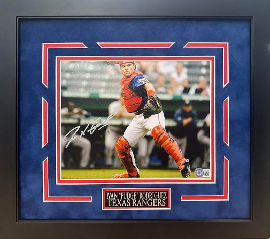 Pudge Rodriguez Autographed Hand Signed Custom Framed 8x10 Texas Rangers Photo - Beckett COA