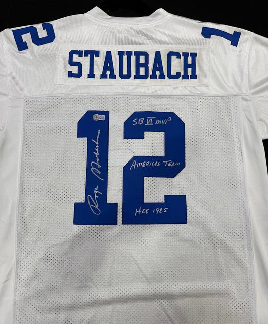 Roger Staubach Autographed Hand Signed Custom Dallas Cowboys Jersey W/ 3 Insc. - Beckett COA