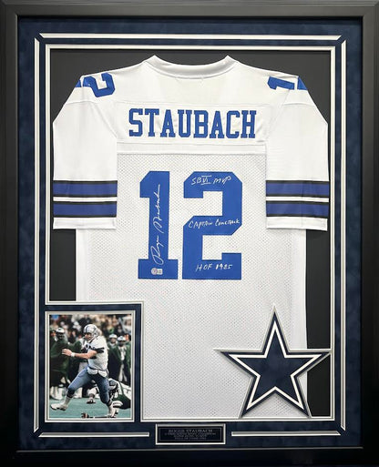 Roger Staubach Autographed Hand Signed Custom Framed Dallas Cowboys Jersey - Beckett COA