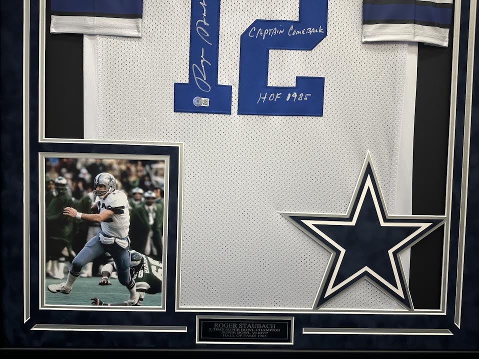 Roger Staubach Autographed Hand Signed Custom Framed Dallas Cowboys Jersey - Beckett COA