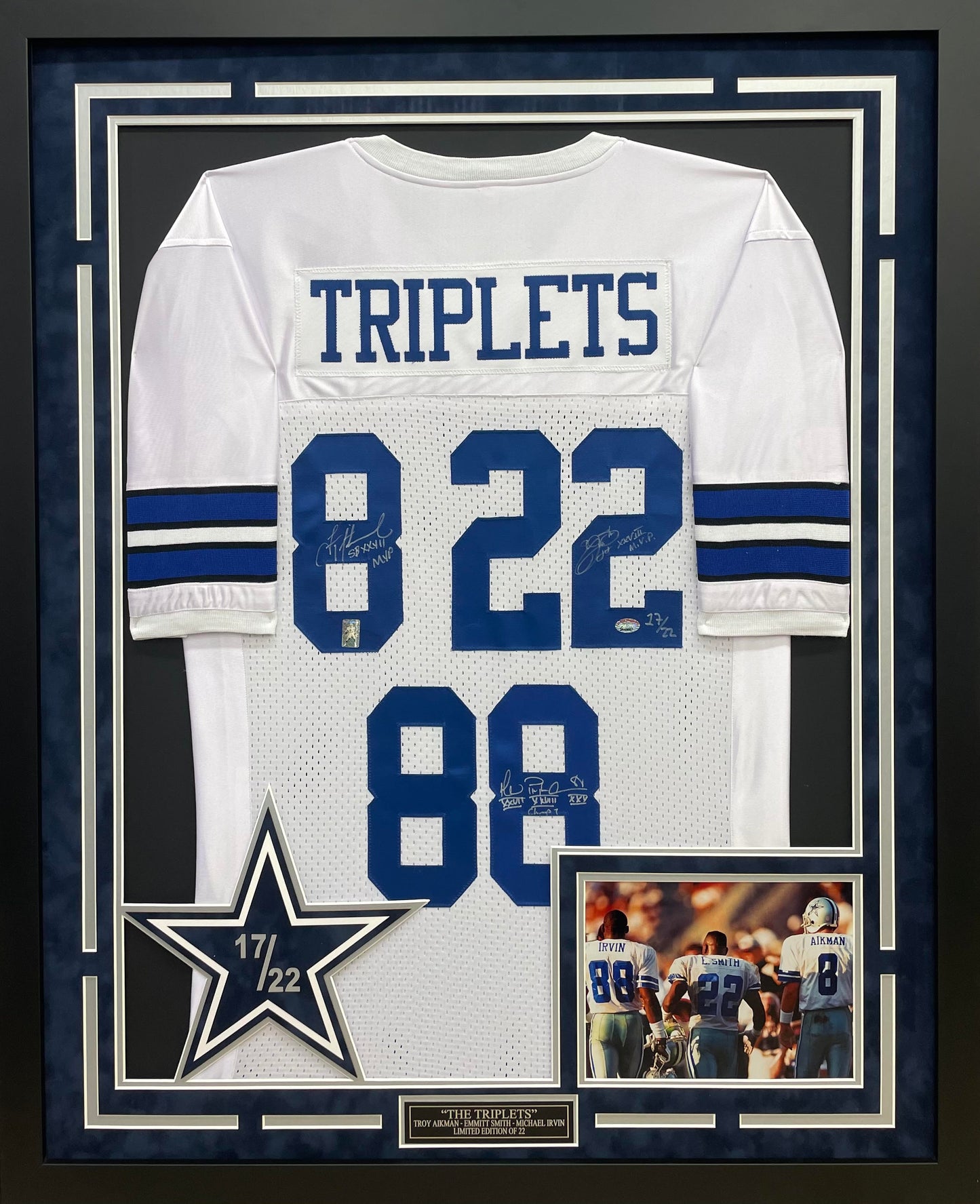 TRIPLETS (Aikman, Emmitt, Irvin) Autographed Hand Signed Custom Framed Dallas Cowboys Jersey - JSA COA