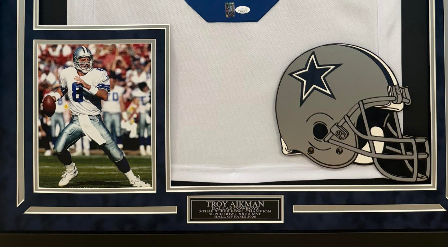 Troy Aikman Autographed Hand Signed Custom Framed Dallas Cowboys Jersey - JSA COA