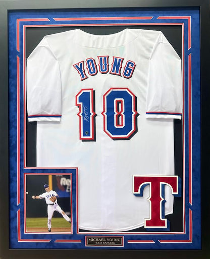 Michael Young Autographed Hand Signed Custom Framed Texas Rangers Jersey - Authentic Ink COA