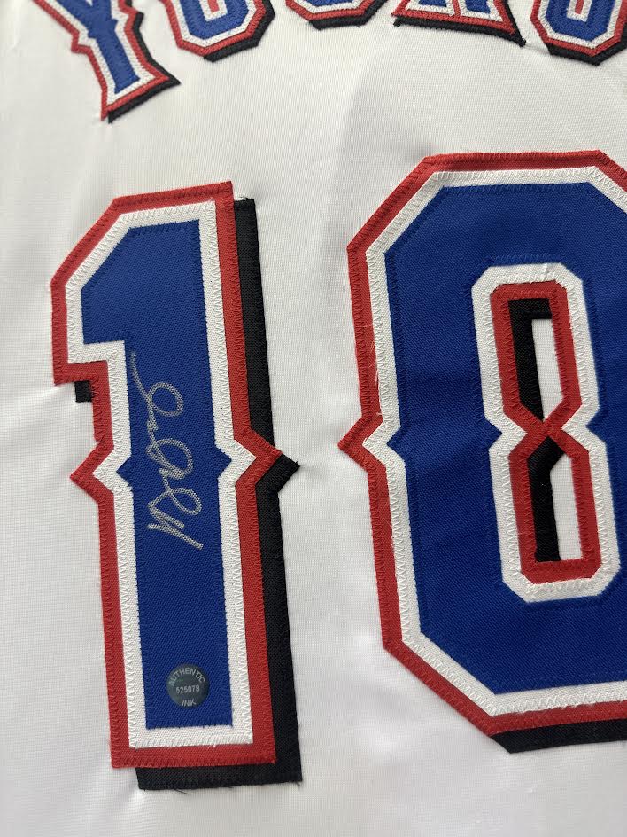 Michael Young Autographed Hand Signed Custom Framed Texas Rangers Jersey - Authentic Ink COA