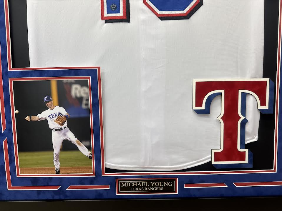 Michael Young Autographed Hand Signed Custom Framed Texas Rangers Jersey - Authentic Ink COA