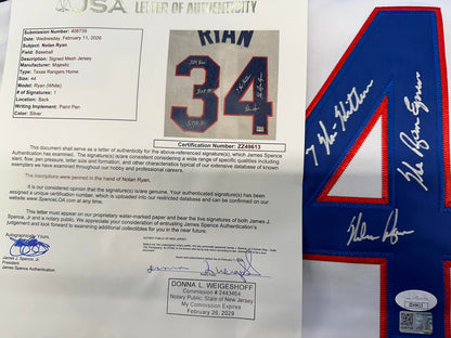 Nolan Ryan Autographed Hand Signed Custom Texas Rangers Jersey W/ Insc. - JSA LOA