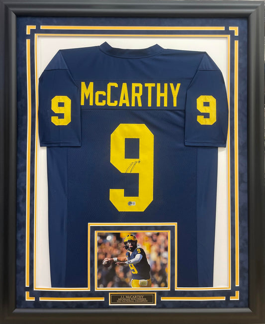 J.J. McCarthy Autographed Hand Signed Custom Framed Michigan Wolverines Jersey - JSA COA