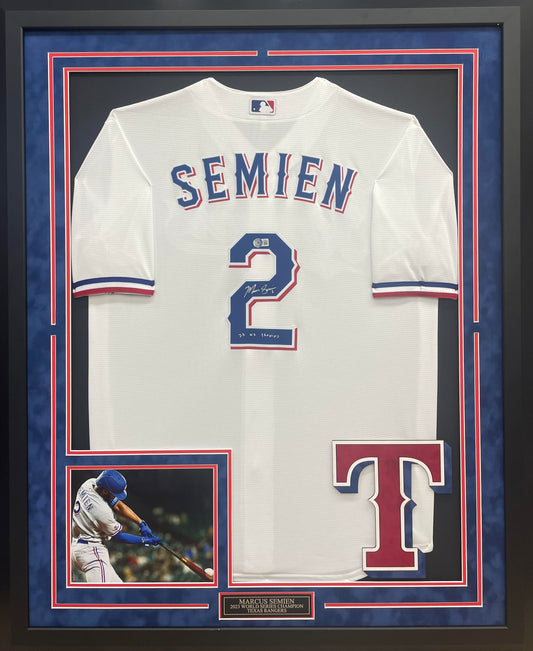 Marcus Semien Autographed Hand Signed Custom Framed Rangers Jersey - Beckett COA